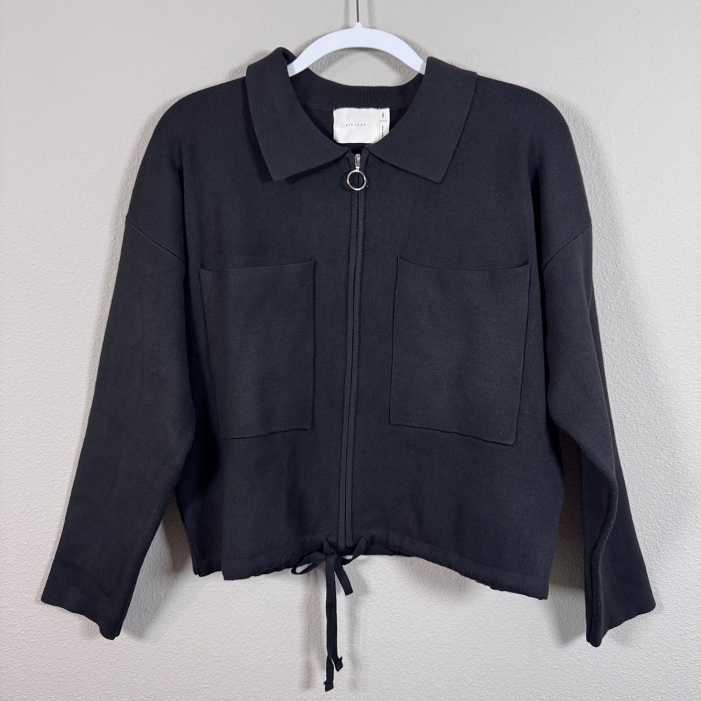 All:Row Womens Black Knit Zip Up Jacket Collared Drawstring Hem Large